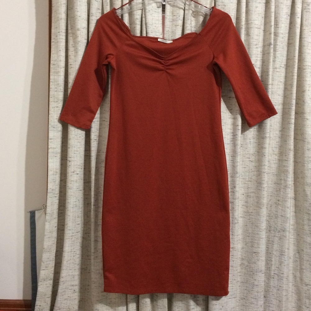Zara Trafaluc Off The Shoulder Ruched Chest 3/4 Length Sleeve Midi Bodycon Dress